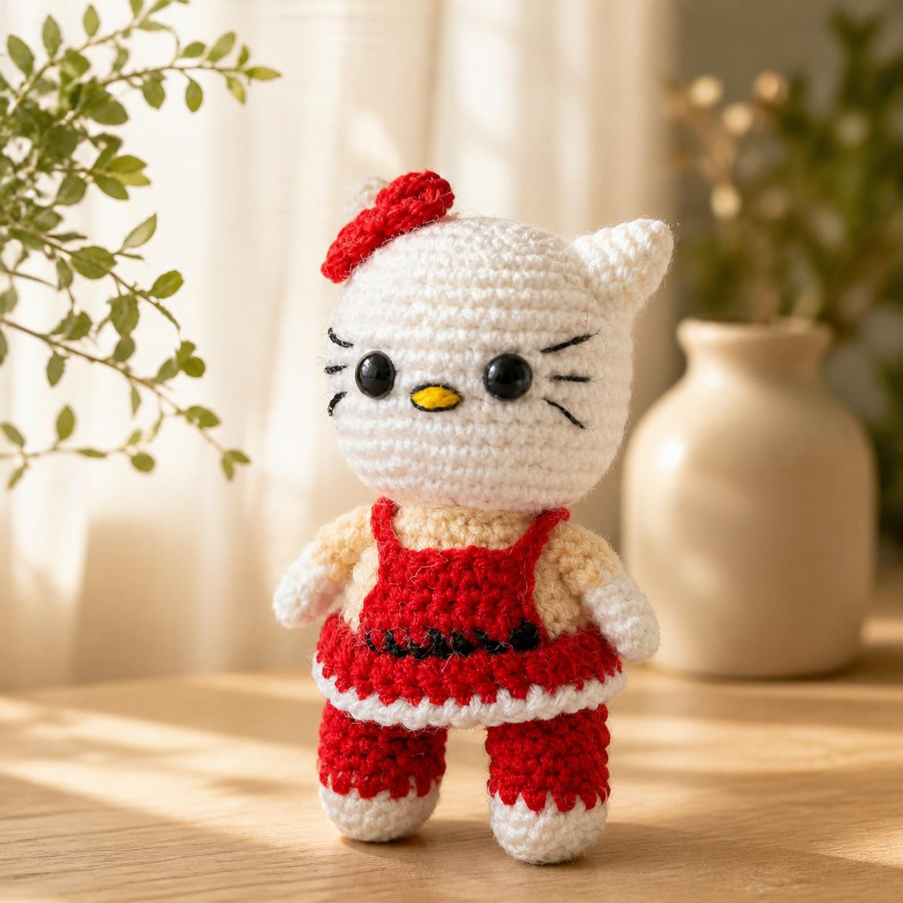Classic Red Dress Crochet Kitty Plush | Handmade Amigurumi Toy & Gift