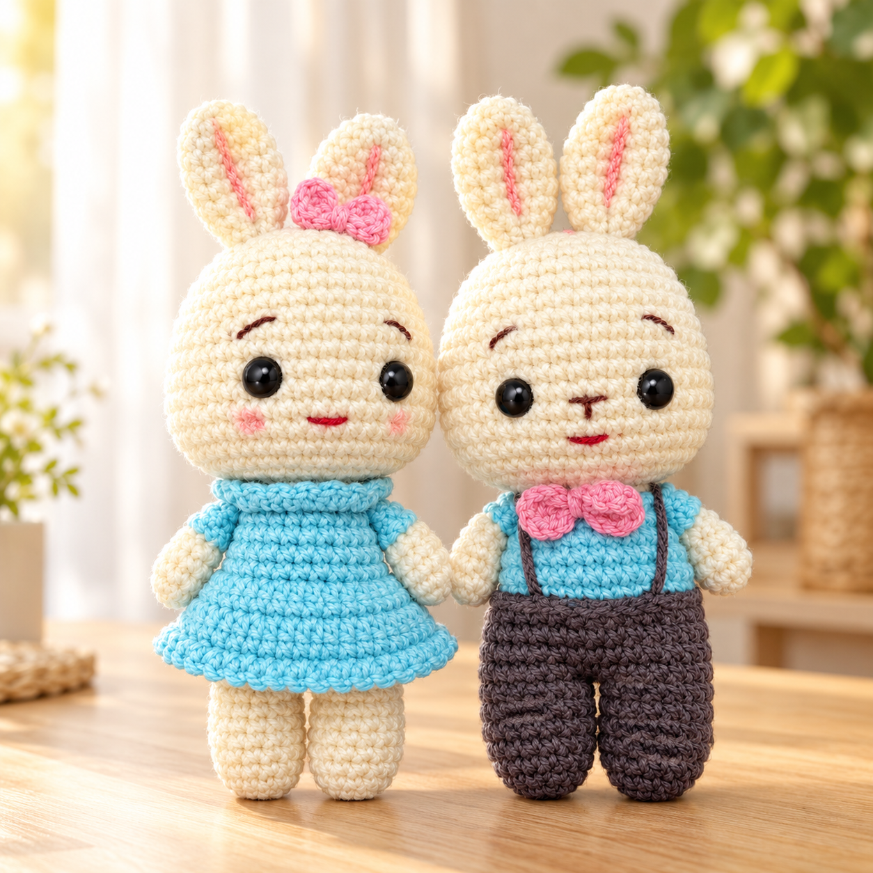 Crochet Bunny Couple Set | Boy & Girl Amigurumi Rabbit Plushies in Blue