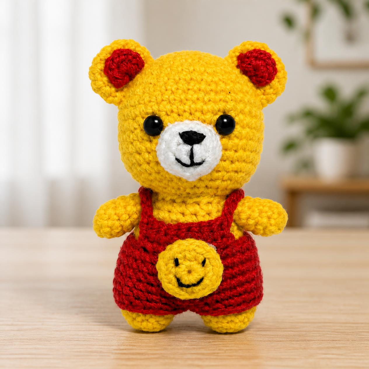Yellow Crochet Teddy Bear with Smiley Overalls | Premium Amigurumi Soft Toy