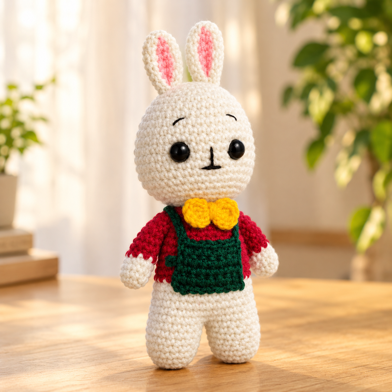 Handcrafted White Crochet Bunny Plush | Amigurumi Rabbit in Apron & Yellow Bow Tie