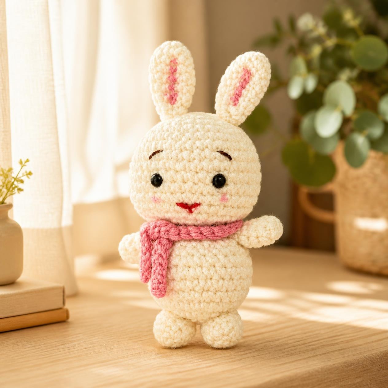 Mini Cream Crochet Bunny with Pink Scarf | Handmade Amigurumi Pocket Toy